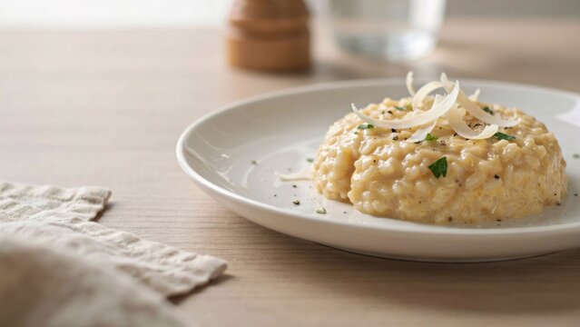 A gourmet serving of creamy risotto topped with shaved cheese and fresh herbs on a white plate with delicate shavings cheese green herbs wooden