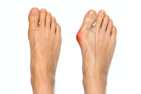 Medical comparison showing normal foot anatomy alongside hallux valgus deformity, with inward deviation of the big toe, prominent bunion and localized redness at the first metatarsophalangeal joint