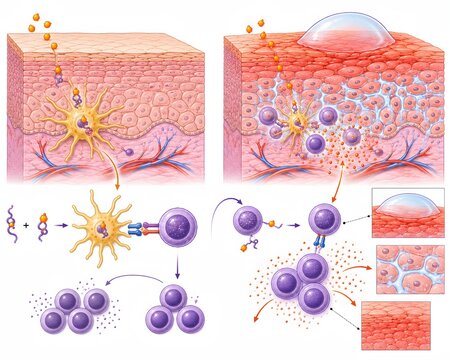 Contact dermatitis allergic skin reaction mechanism diagram, dermatology medical illustration showing contact dermatitis sensitization and elicitation with Langerhans cells, T cells and spongiosis.