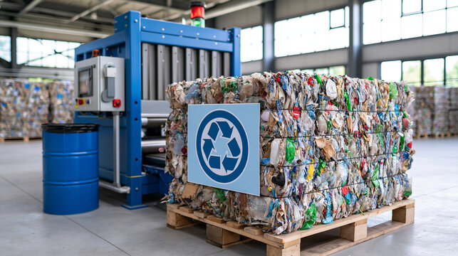 Heavy recycling machinery compressing sorted plastic and packaging waste into dense rectangular bales inside a bright industrial plant, clean organized production environment, recycling