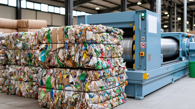 Heavy recycling machinery compressing sorted plastic and packaging waste into dense rectangular bales inside a bright industrial plant, clean organized production environment, recycling