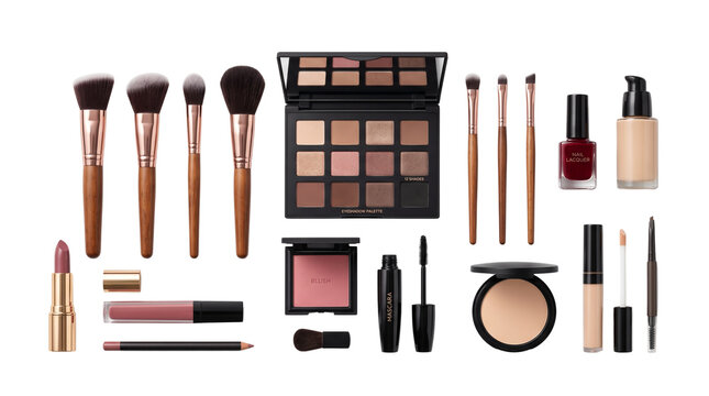 Professional makeup kit collection, luxury cosmetic products with brushes and eyeshadow palette, beauty accessories for makeup artist isolated PNG with Transparent Background