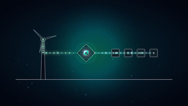 Futuristic digital wind turbine concept showing renewable energy network and data transfer