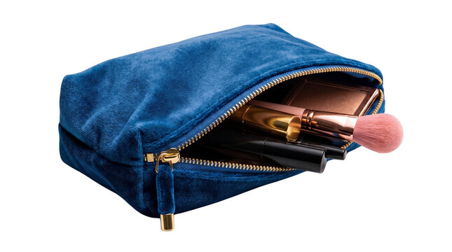 Blue velvet makeup bag with gold zipper, elegant cosmetic pouch with brushes and beauty products, luxury travel toiletry case isolated PNG with Transparent Background