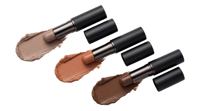 Professional makeup concealer sticks with cream texture swatches. Cosmetic foundation sticks in various skin tones. Beauty product collection. isolated PNG with Transparent Background