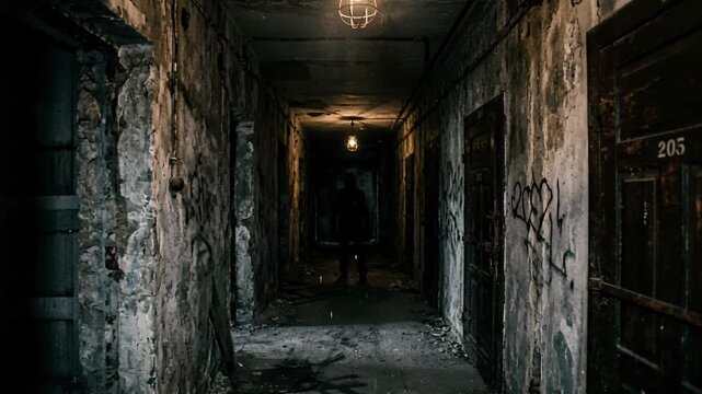 Shadowy figure standing in dark dilapidated corridor with wooden doors. Creepy haunting atmosphere with eerie industrial lighting. Halloween 2026 horror thriller cinematic concept.