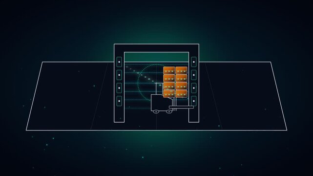 Abstract futuristic illustration of automated warehouse with forklift and cargo boxes in neon light