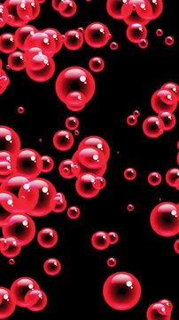 Red bubbles floating on black background, abstract liquid spheres and glossy circles.
