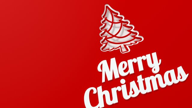 Merry Christmas Paper Cutout Greeting Card with White Tree on Red Background - 3D rendering