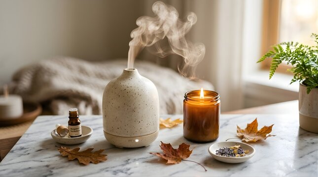 Ceramic essential oil diffuser with steam and candle on marble table