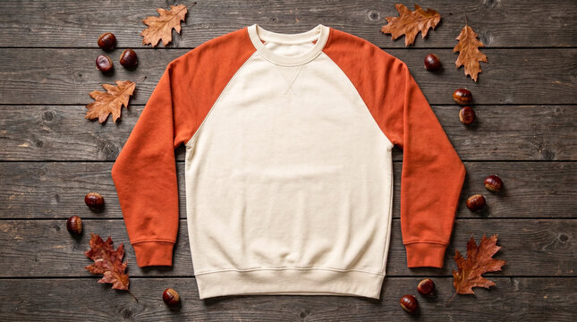 Blank Cream and Orange Raglan Sweatshirt Mockup on Wooden Background with Autumn Leaves and Chestnuts