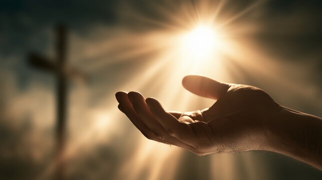 Light shines on a hand reaching out towards the sky with a cross visible in the background during a moment of reflection