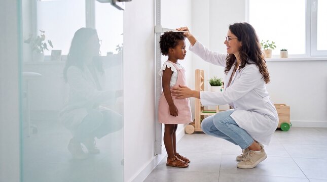 Pediatrician Measuring Height of Little Girl in Clinic