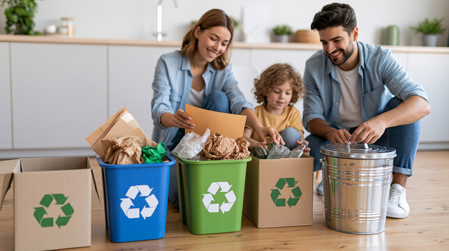 Bright modern household recycling station with a family arranging paper, plastic, glass and metal into separate color-coded bins beside a clean kitchen wall, practical sustainable routine
