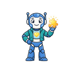 Obraz premium Friendly blue pixel art robot character holding a glowing yellow star for game design assets