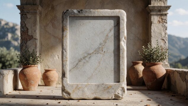 Rectangular stone frame white marble-like texture placed wall columns either side front there terracotta pots