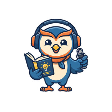 Cute pixel art owl wearing headphones holding a book and a microphone for a podcast or story