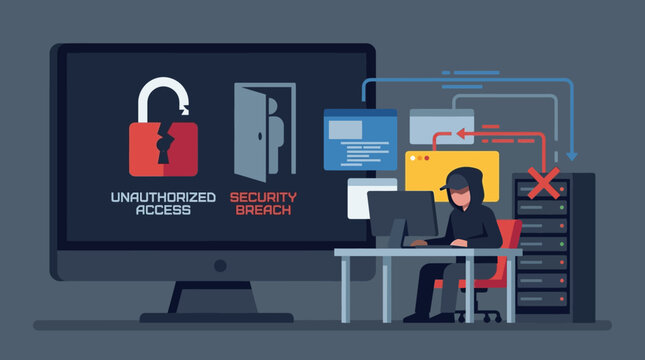 Cyber security concept illustration showing a hacker breaking into a computer system with unauthorized access and server breach