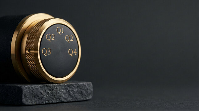 Golden metal selector knob with quarter markings Q1 Q2 Q3 Q4 on black dial. Business fiscal quarter selection concept. Corporate planning and financial strategy on dark background