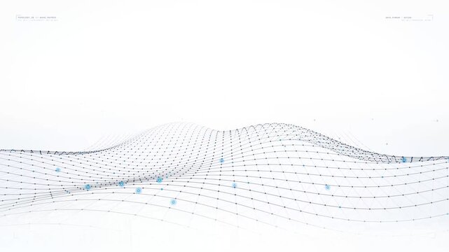 Abstract digital wireframe landscape on white background, futuristic technology grid wave, minimalist blue data network visualization