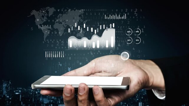 Futuristic Hand Holding Smartphone with Digital Data Visualization and Global Network Displaying Analytics and Statistics in Dark Setting. Entropy.