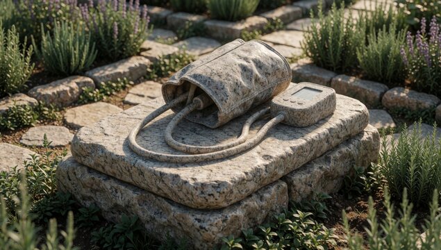 Stone fountain garden made large irregularly shaped stones placed center top there beige-colored bag cord atta