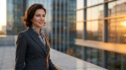 Fototapeta premium Businesswoman in gray suit standing on office rooftop terrace at sunset. Smiling woman executive against glass skyscraper. Corporate leadership and business career success concept