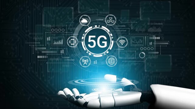 Futuristic Robotic Hand Displaying Digital 5G Technology Concept with Data Icons and Networks in a Cyber Background. Entropy.