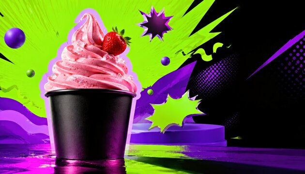 Pink berry soft serve in a black dessert cup with neon pop art splashes for vibrant summer food advertising and playful packaging design.

