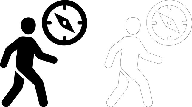 Business strategy and direction vector icon set. Walking person silhouette and navigational compass