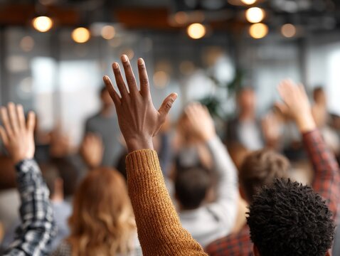 Rear view of diverse people raising hands in a conference room, volunteering answers or asking questions during a business seminar or workshop training session.
