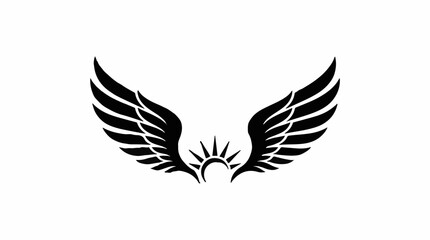 Fototapeta premium Black silhouette of angel wings with a rising sun icon