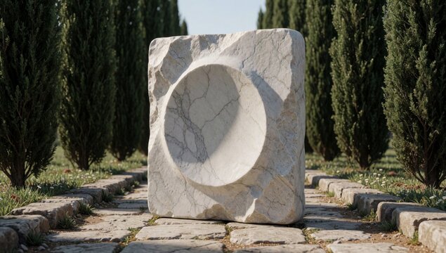 Large rectangular stone sculpture center garden made light-colored smooth polished surface has circular cutout