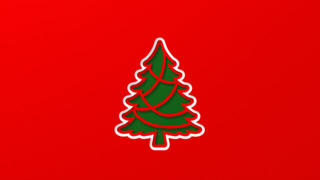 Minimalist Green Paper Cutout Christmas Tree Icon on Red Background
