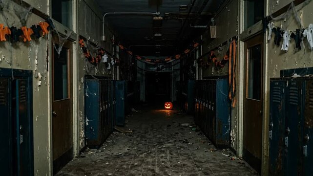 Abandoned school hallway decorated for Halloween with a glowing jackolantern. Spooky seasonal decorations hanging from the ceiling and lockers. Halloween 2026 eerie holiday celebration concept.