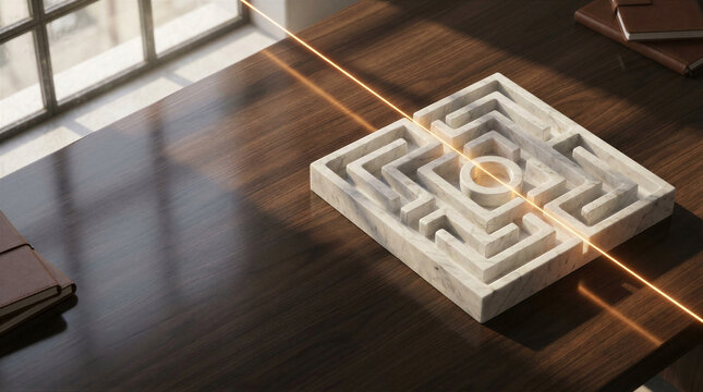 White marble maze on wooden desk with golden light beam crossing to center. Problem solving and business strategy concept. Corporate planning and solution search