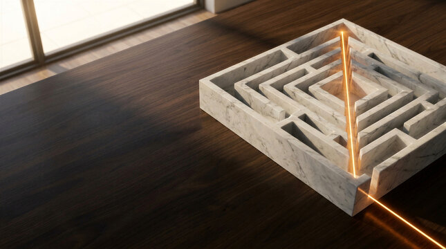 Glowing orange light beam crossing square marble maze on wooden table. Direct path to center as solution of business problem. Strategy, innovation and breakthrough concept
