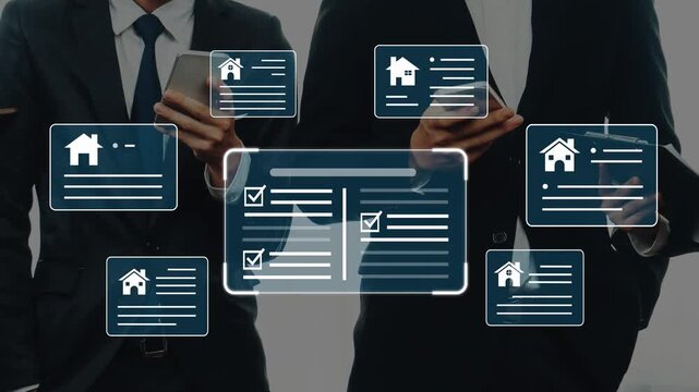 Business professionals using digital devices with property listings and checklists displayed in front of them, signifying real estate management and evaluation Gluon.