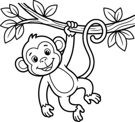 Adorable cute monkey hanging from a tree branch with leaves outline vector design for children coloring book © XENEXARTS