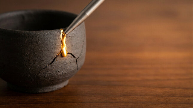 Metal tool applying liquid gold to cracked black ceramic bowl. Kintsugi Japanese art of pottery repair with golden lacquer. Restoration, healing and beauty of imperfection concept