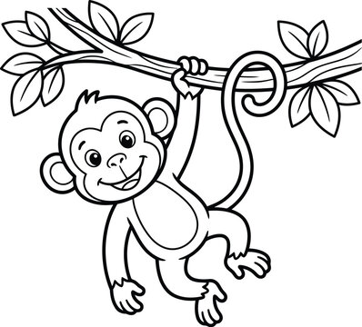 Adorable cute monkey hanging from a tree branch with leaves outline vector design for children coloring book