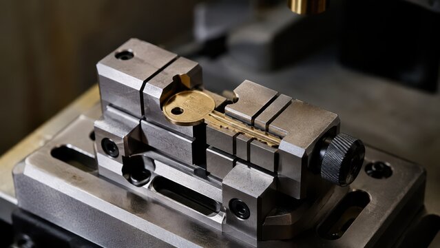 Key cutting jig holding a blank key inside locksmith machine in workshop. Concept of key duplicator, locksmith tools, metal vice. Copy space.
