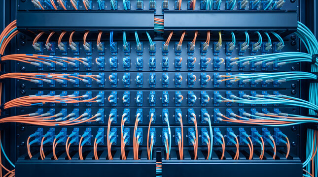 Fiber optic patch panel with connected cables in server rack