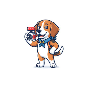 Cute beagle dog character standing and holding a camera like a professional photographer mascot