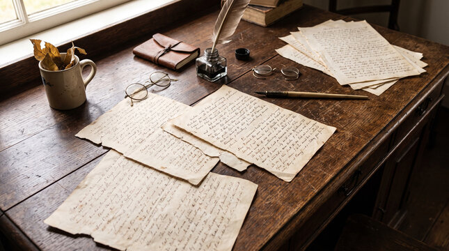 Vintage manuscript pages scattered on an old wooden writing desk with quill inkwell and spectacles. Concept of spread, old paper, quill pen, handwritten letter, vintage background, history.