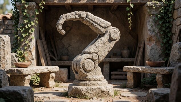 Stone sculpture robotic arm outdoor setting made light-colored shape hand curved round head resting pedestal s