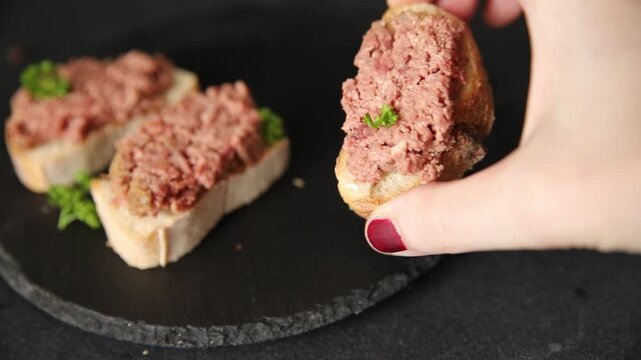 Pate meat sandwich terrine Spam or ham tasty snack or appetizer fresh delicious gourmet food background on the table rustic food top view copy space