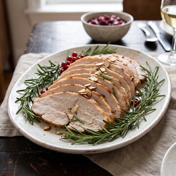 Sliced Roast Turkey with Fresh Rosemary and Cranberry Sauce.