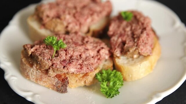 Pate meat sandwich terrine Spam or ham tasty snack or appetizer fresh delicious gourmet food background on the table rustic food top view copy space