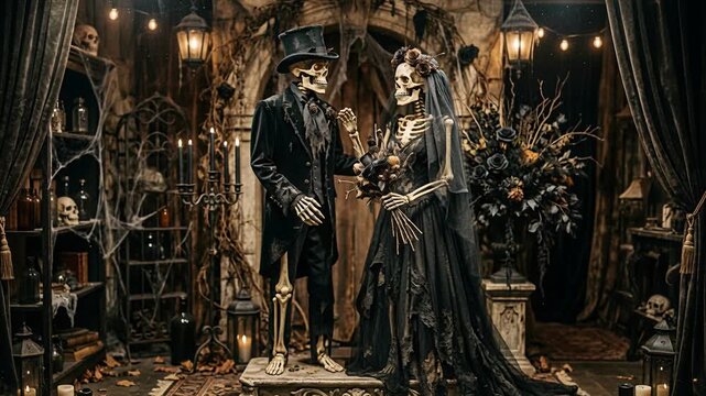 Skeletal bride and groom in gothic wedding attire inside haunted chamber. Dark romance and spooky aesthetic for seasonal celebrations. Halloween 2026 eerie gothic wedding horror and romance concept.